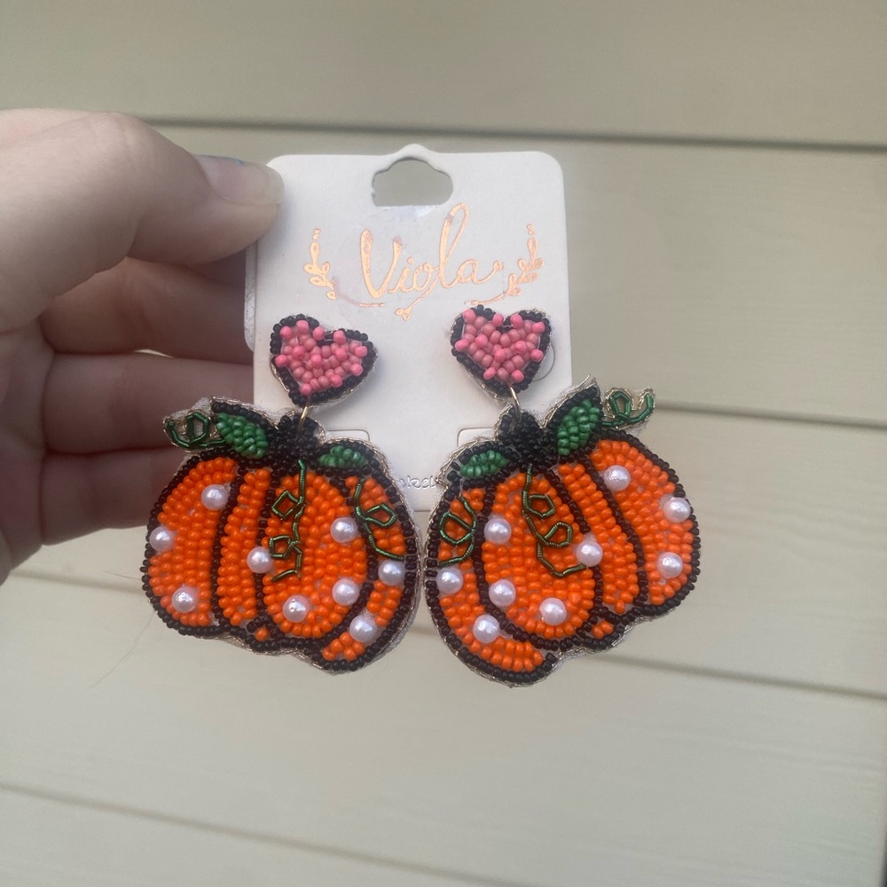 Beaded Orange Pumpkin Earrings w/ Pink Hearts